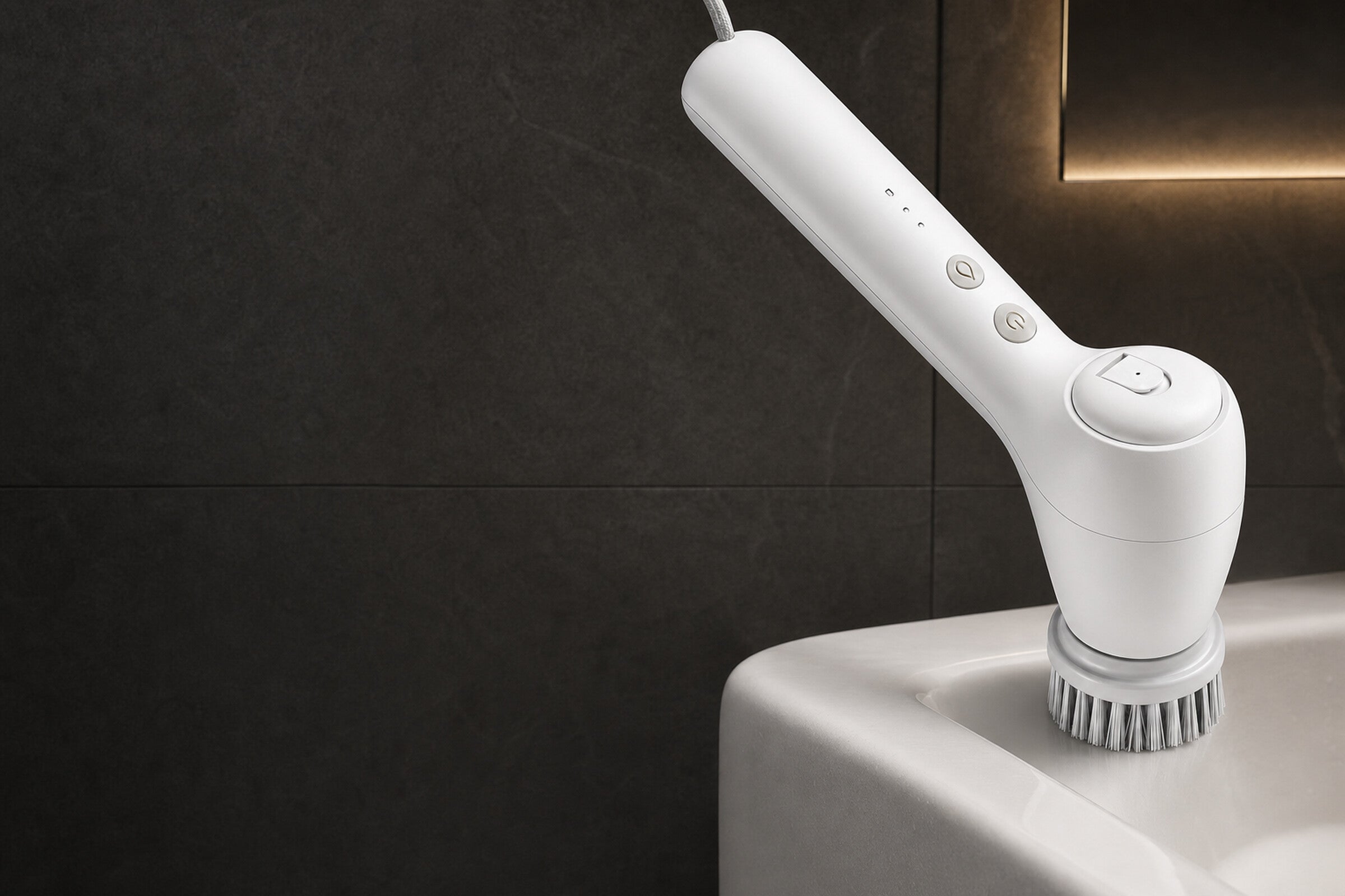 GravN spin scrubber on a charcoal bathroom counter