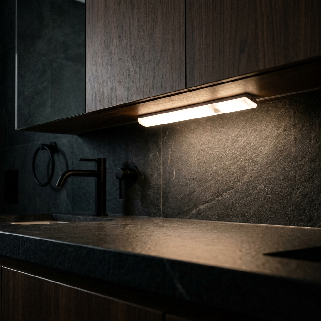 GravN LED Mount light bar under a cabinet lighting a dark stone bathroom counter