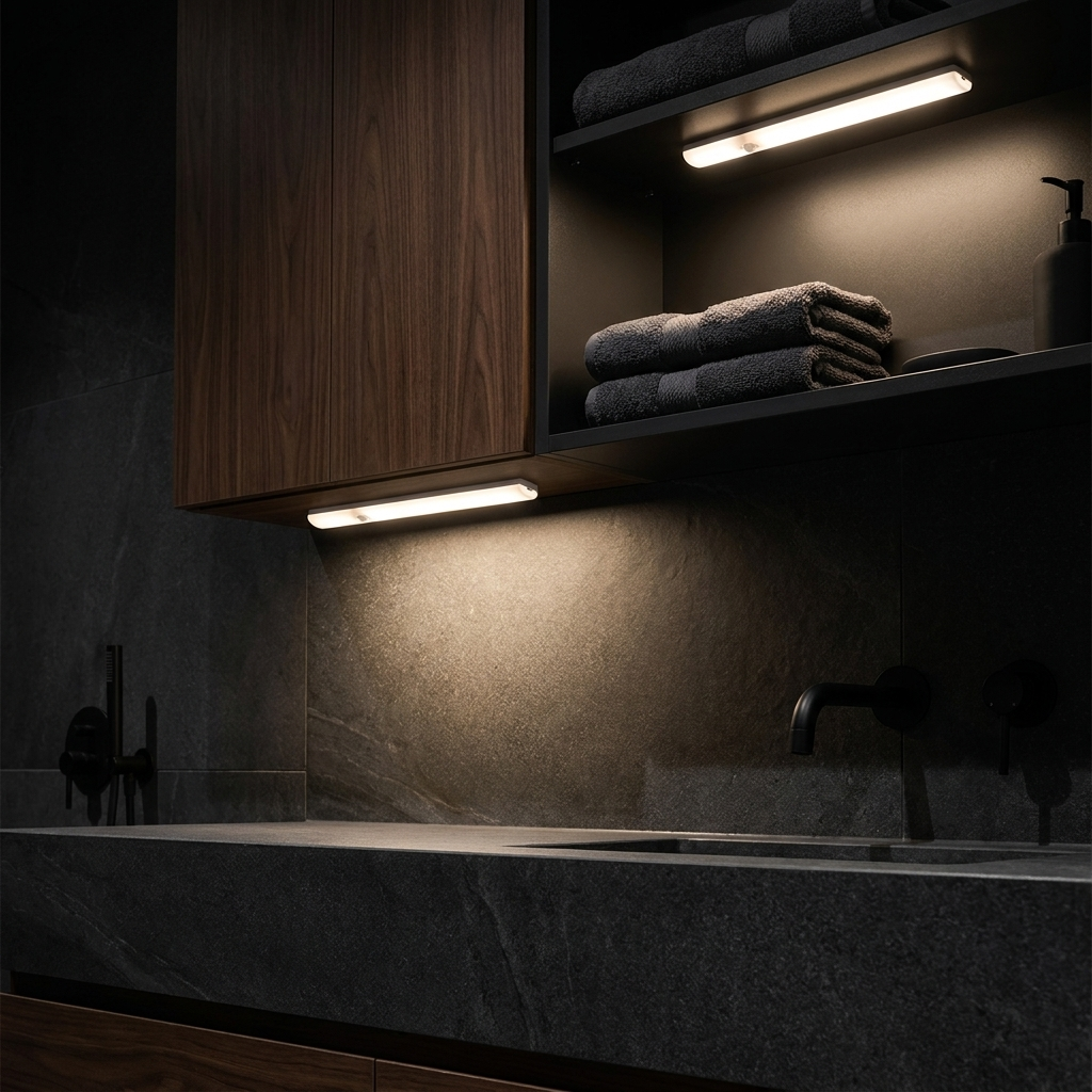 Two GravN LED Mount light bars, one under a cabinet and one on a shelf, in a dark bathroom
