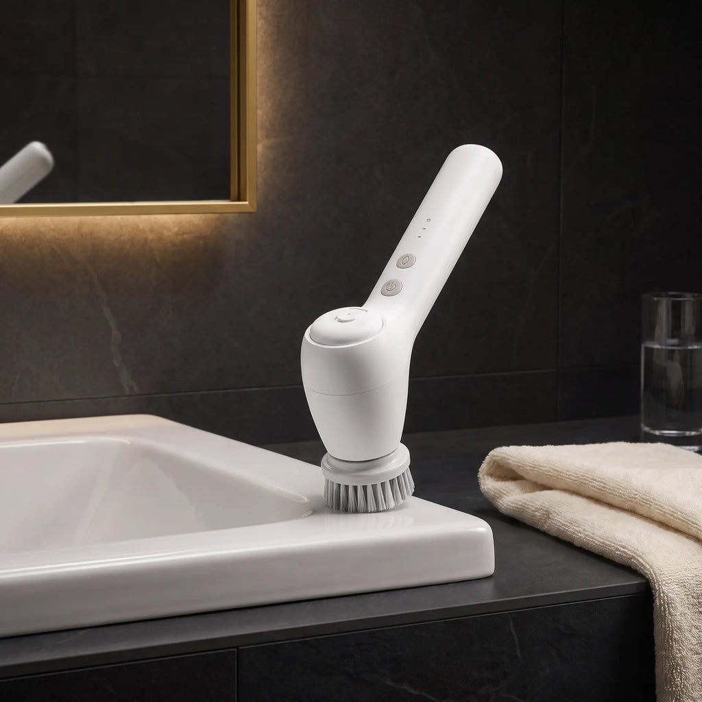GravN Spin Scrubber on a dark stone vanity