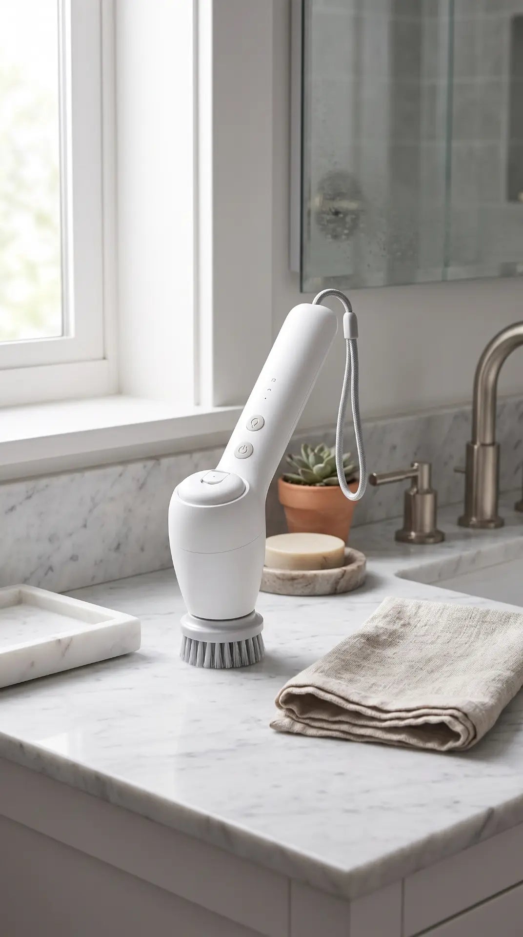 GravN Spin Scrubber with wrist strap beside a bathroom sink