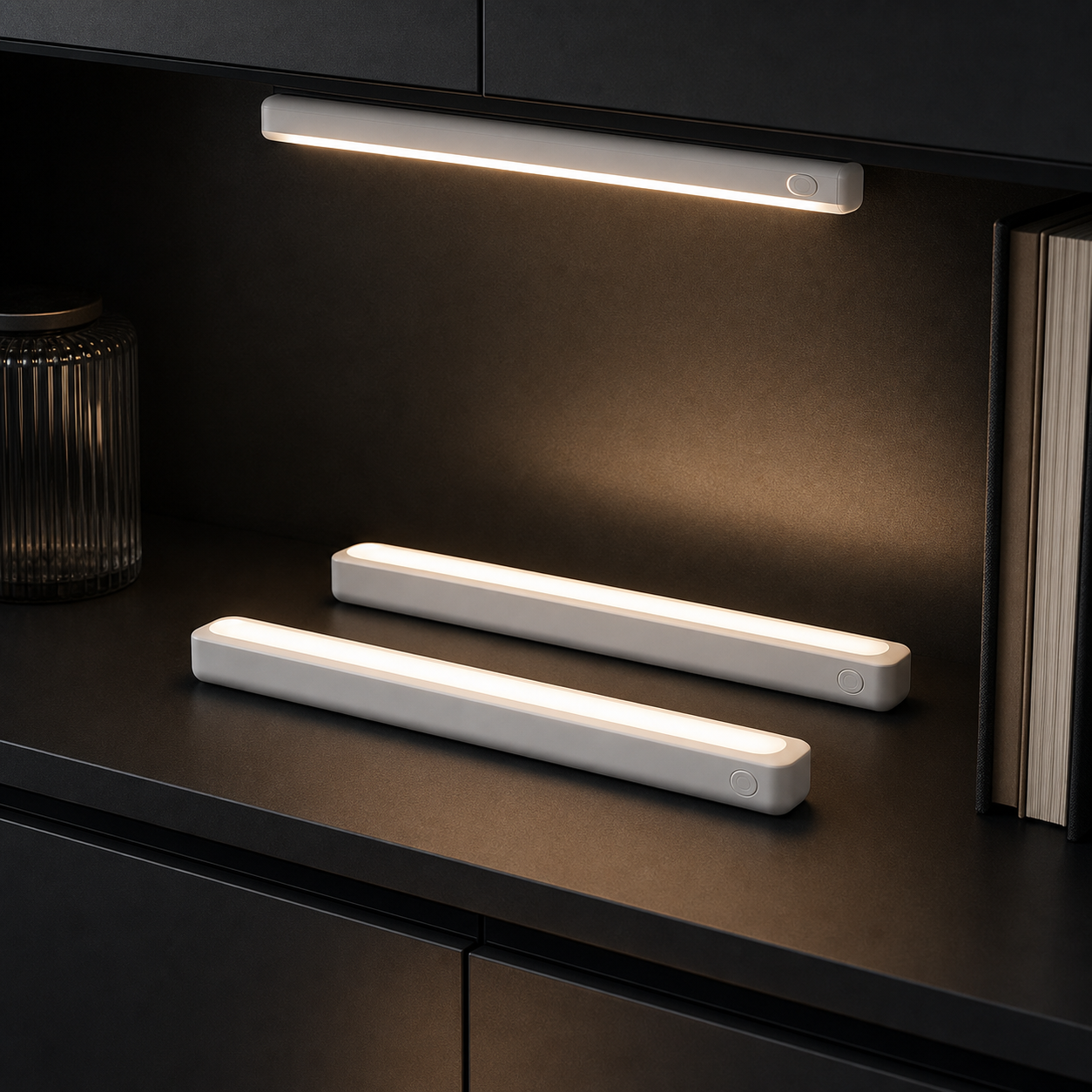 Premium product photo of two magnetic LED light bars in a dark cabinet