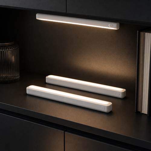 Premium product photo of two magnetic LED light bars in a dark cabinet
