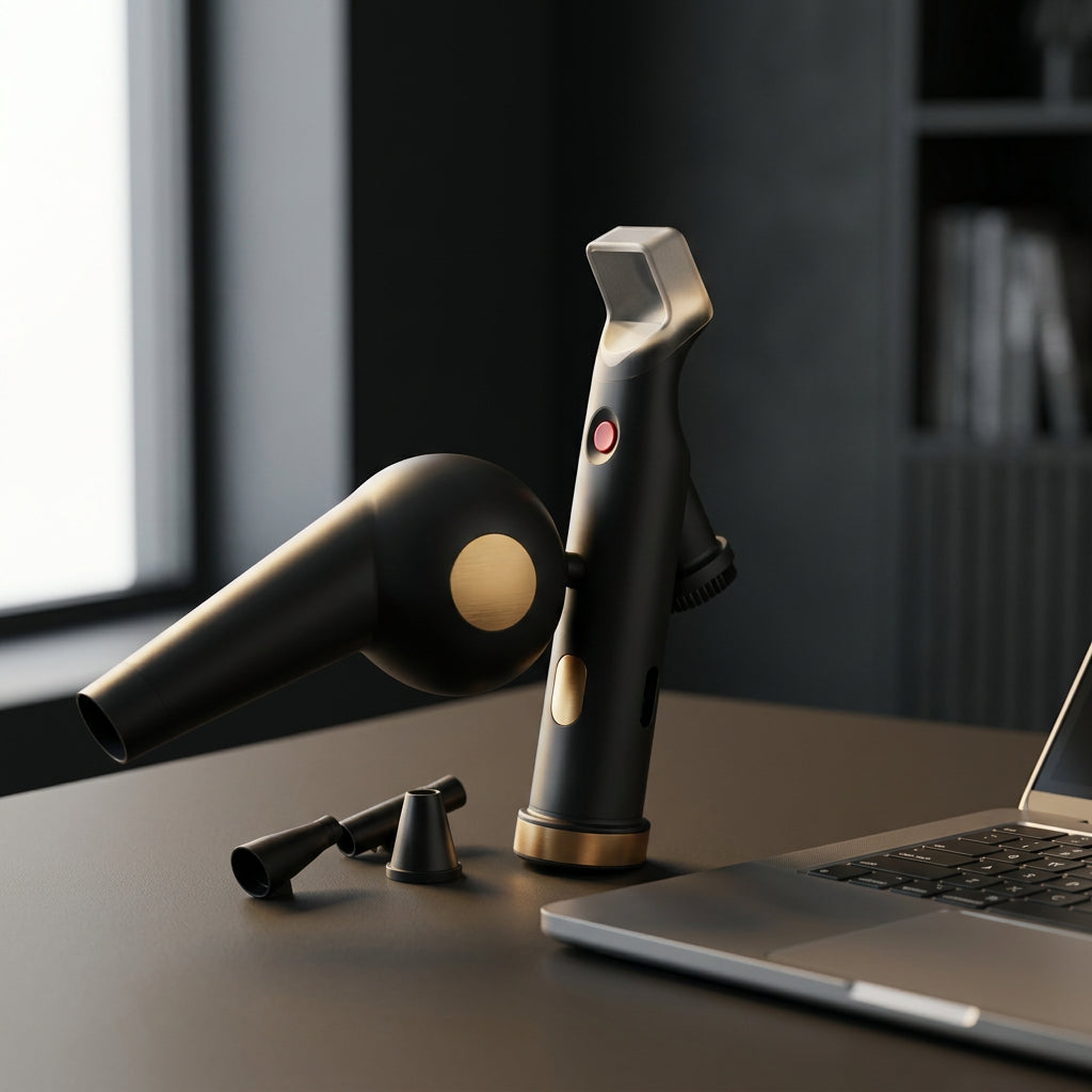 GravN Air Duster on a desk beside a laptop
