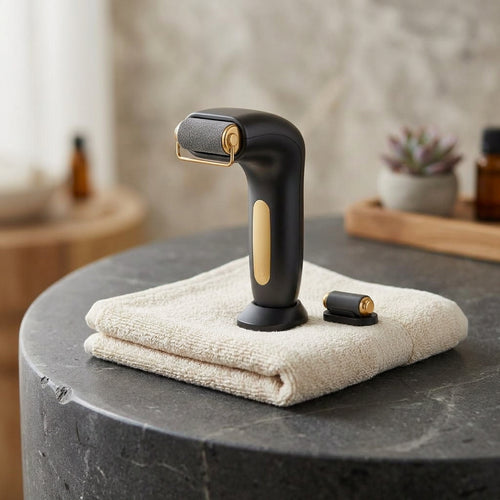 GravN Callus Remover on a folded towel in a bathroom