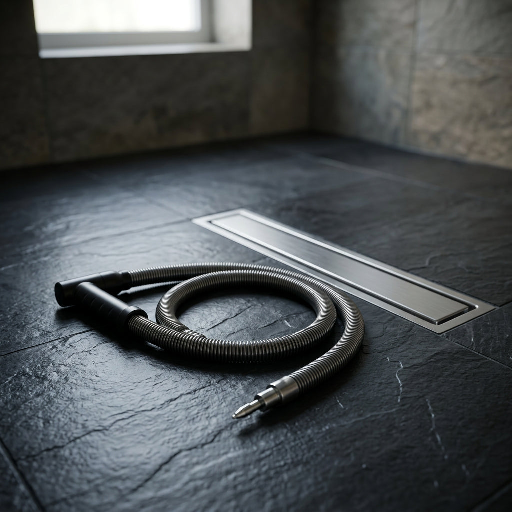 GravN Drain Snake Kit beside a shower drain