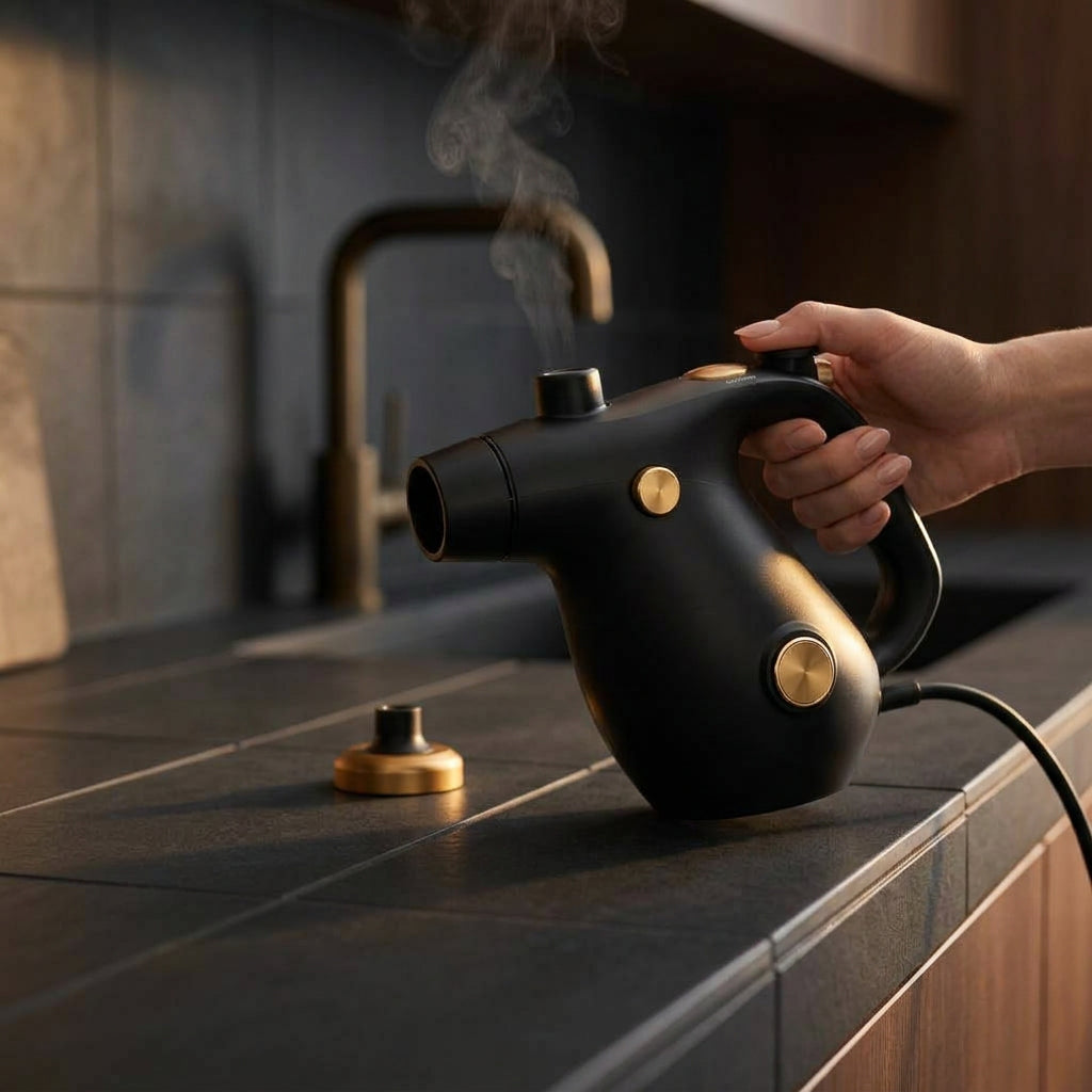GravN Handheld Steam Cleaner in use on a kitchen counter