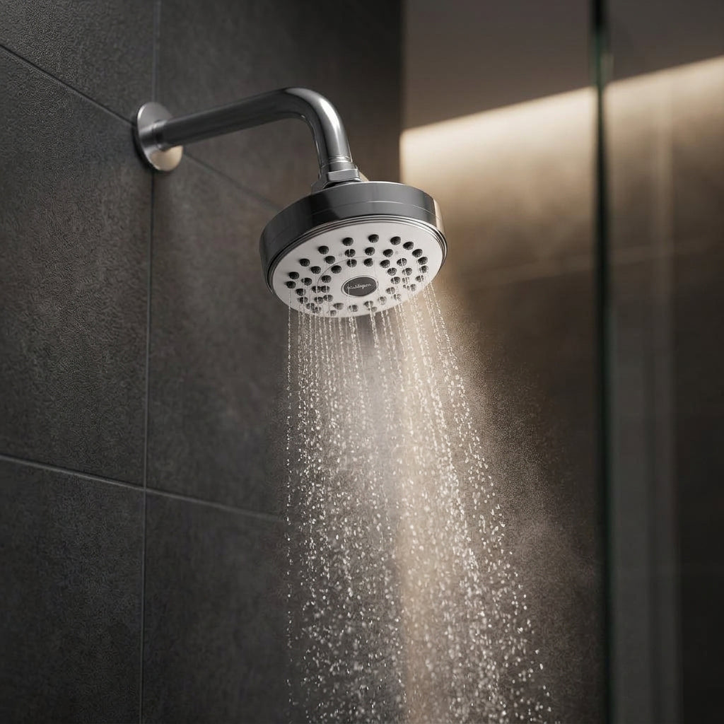 GravN Shower Filter Head running in a dark tiled shower