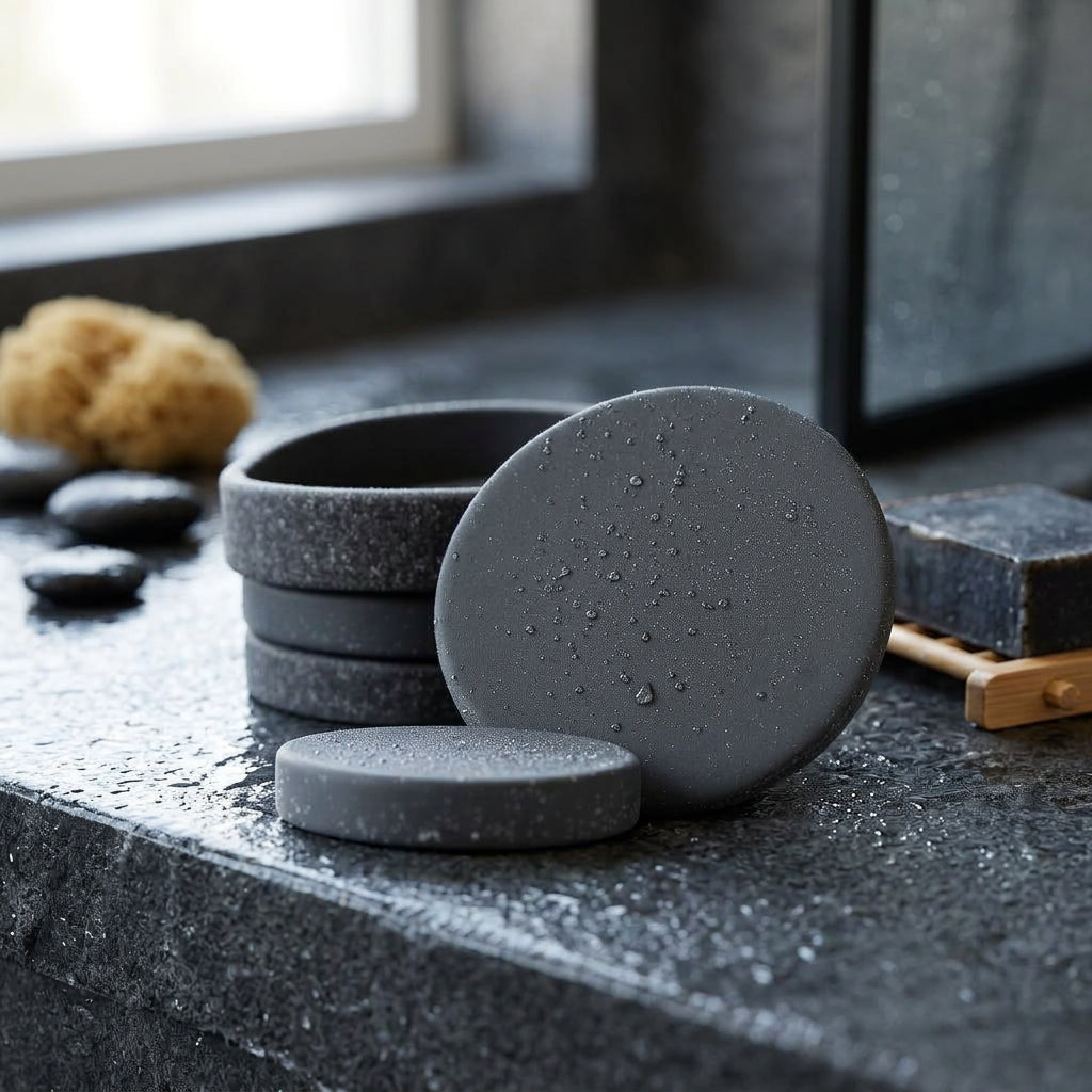 GravN Silicone Body Scrubber Set on a wet stone ledge