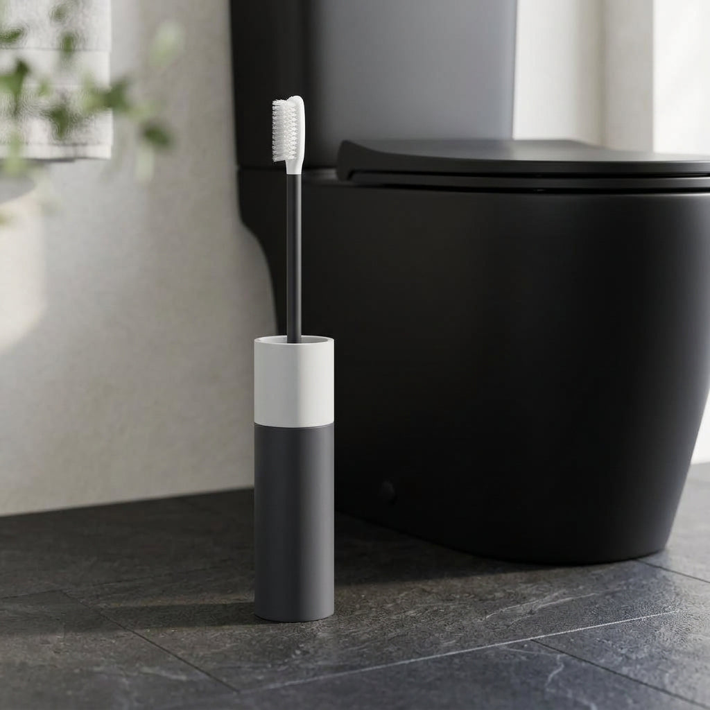GravN Silicone Toilet Brush in its holder in a bathroom