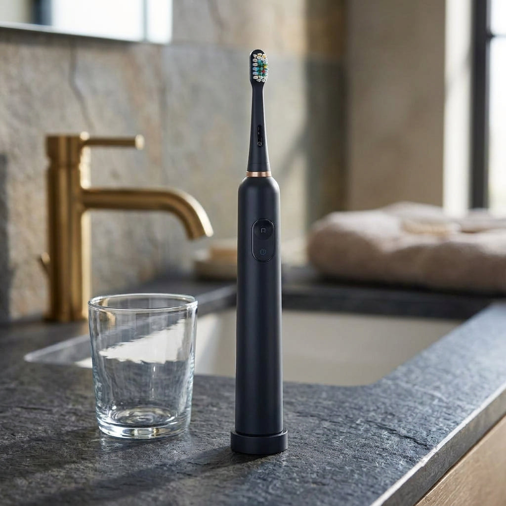 GravN Sonic Toothbrush on a stone vanity