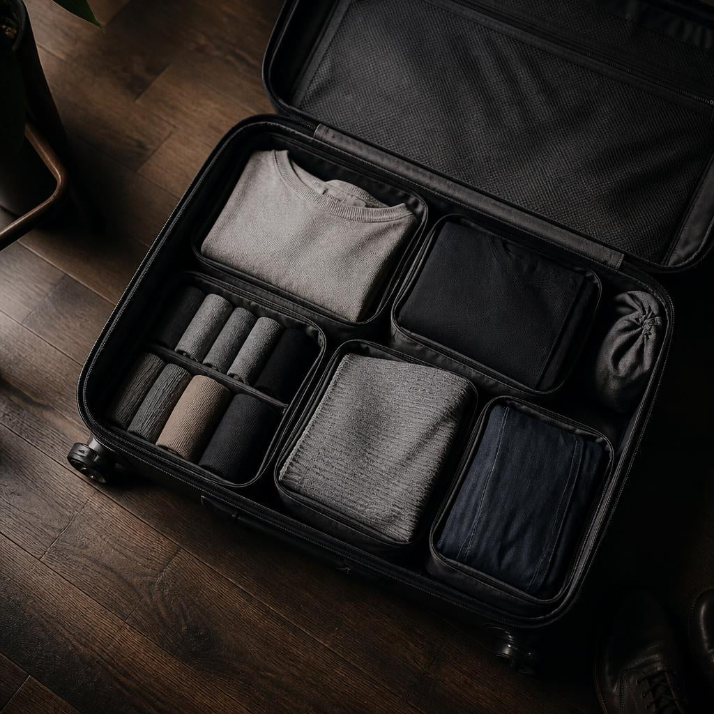 GravN packing cubes organising clothes inside an open suitcase