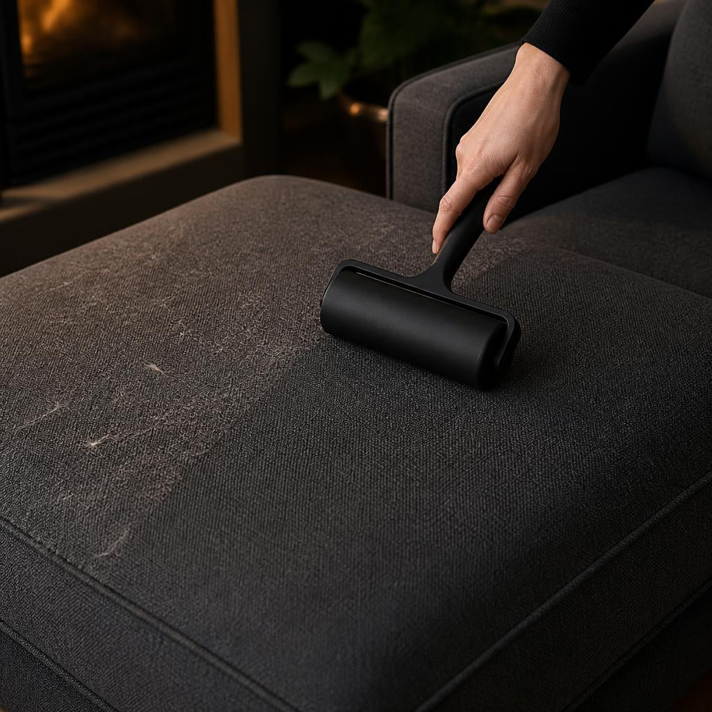GravN pet hair remover lifting hair from a dark grey sofa cushion