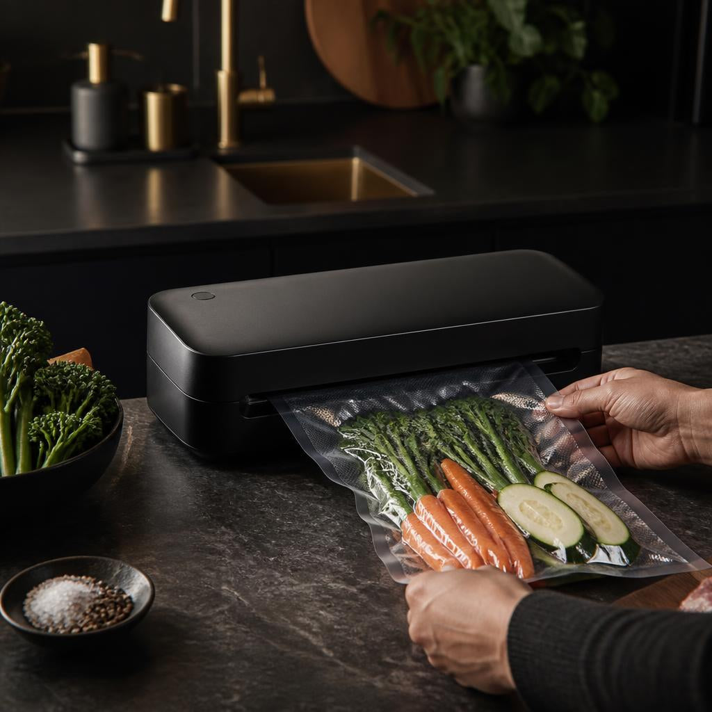 GravN Vacuum Sealer sealing a bag of fresh vegetables on a dark kitchen counter